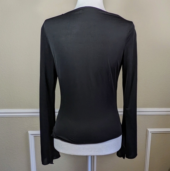 Black Faux Wrap Front Long Bell Sleeve by Self Esteem - Picture 2 of 6